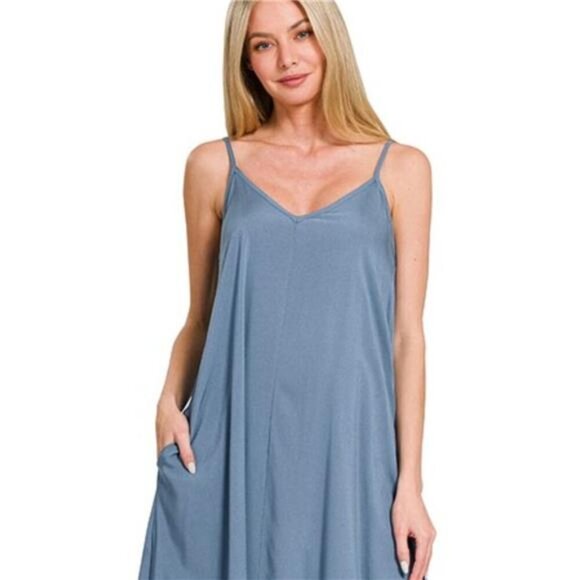 Zenana Woven Arc Hem Cami Dress With Flowy Pockets - Picture 2 of 3